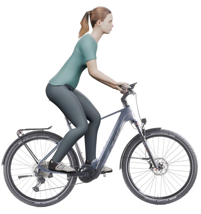 Sitzbeispiel mit derselben 3D-Person: leicht nach vorn geneigte Haltung auf demselben KTM Macina Team 892 LFC mit 53 cm Rahmen.