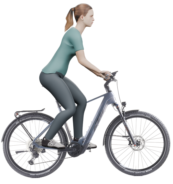 Sitzbeispiel mit 3D-Person: aufrechtere Haltung auf einem KTM Macina Team 892 LFC mit 53 cm Rahmen.