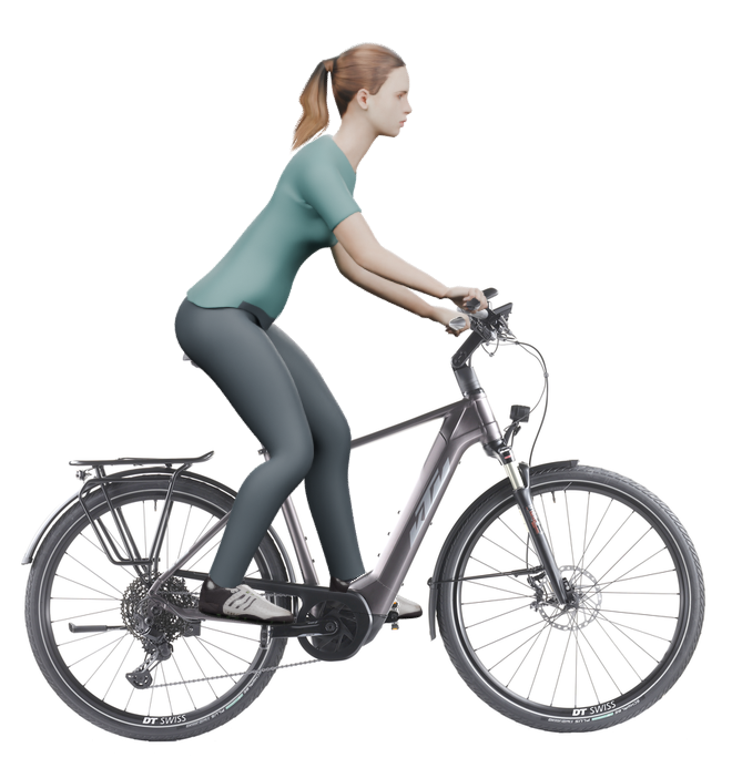 Sitzbeispiel mit derselben 3D-Person: leicht nach vorn geneigte Haltung auf demselben KTM Macina Style 710 mit 51 cm Rahmen.