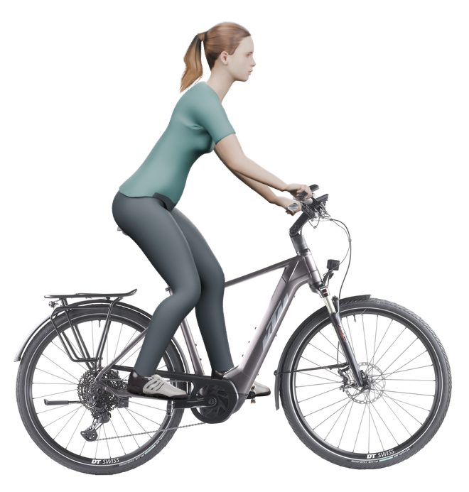 Sitzbeispiel mit 3D-Person: aufrechtere Haltung auf einem KTM Macina Style 710 mit 51 cm Rahmen.