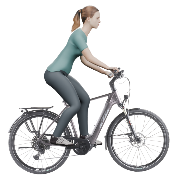 Sitzbeispiel mit derselben 3D-Person: leicht nach vorn geneigte Haltung auf demselben KTM Macina Style 710 mit 56 cm Rahmen.