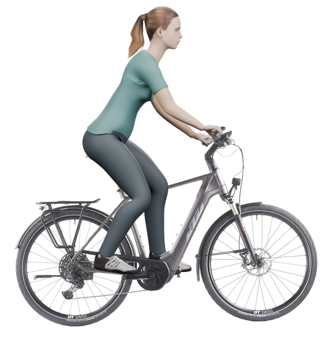 Sitzbeispiel mit 3D-Person: aufrechtere Haltung auf einem KTM Macina Style 710 mit 56 cm Rahmen.