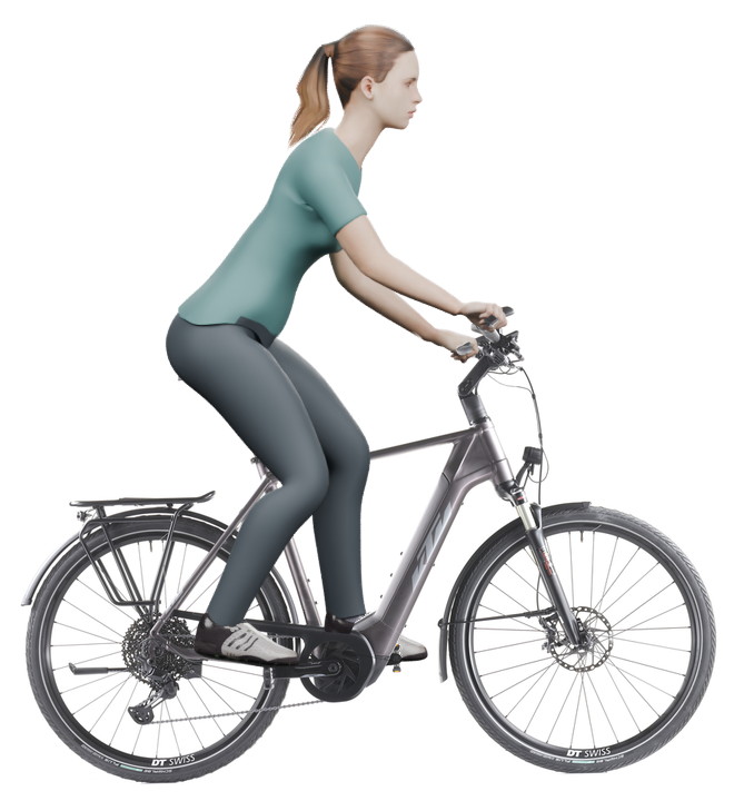 Sitzbeispiel mit derselben 3D-Person: leicht nach vorn geneigte Haltung auf demselben KTM Macina Style 710 mit 60 cm Rahmen.