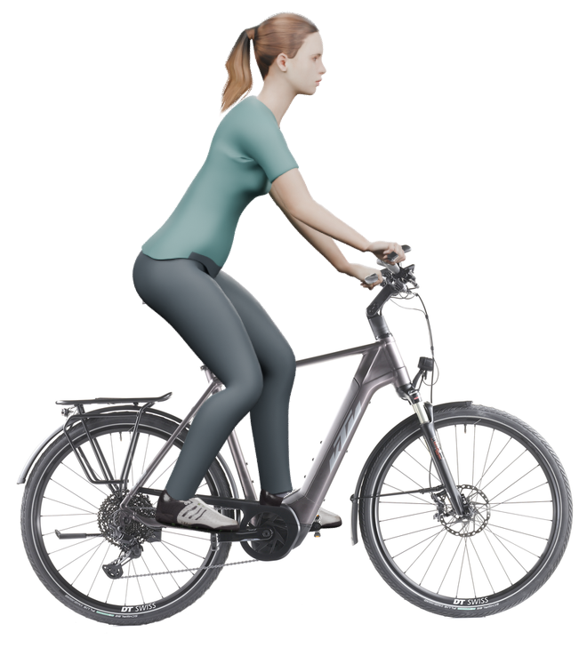 Sitzbeispiel mit 3D-Person: aufrechtere Haltung auf einem KTM Macina Style 710 mit 60 cm Rahmen.