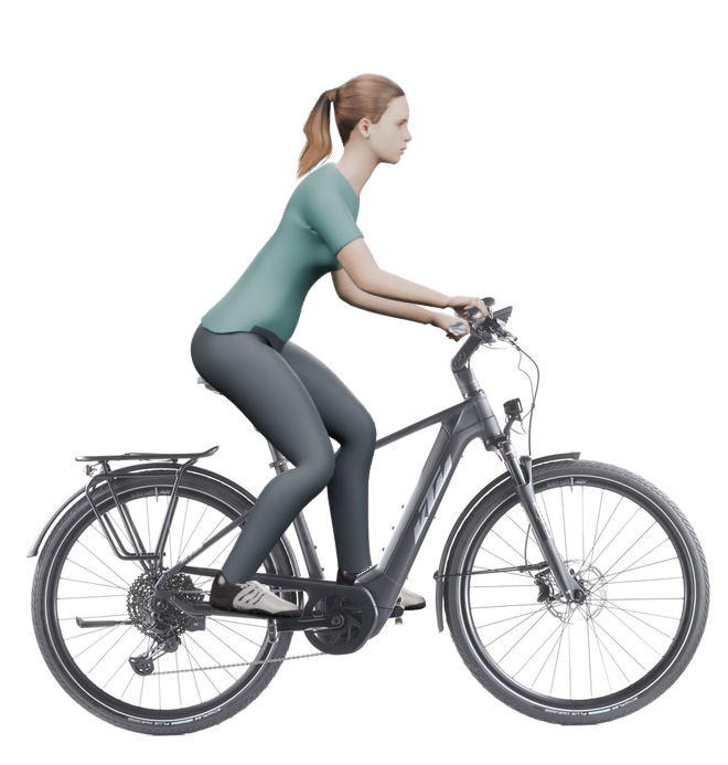 Sitzbeispiel mit derselben 3D-Person: leicht nach vorn geneigte Haltung auf demselben KTM Macina Style 720 mit 46 cm Rahmen.