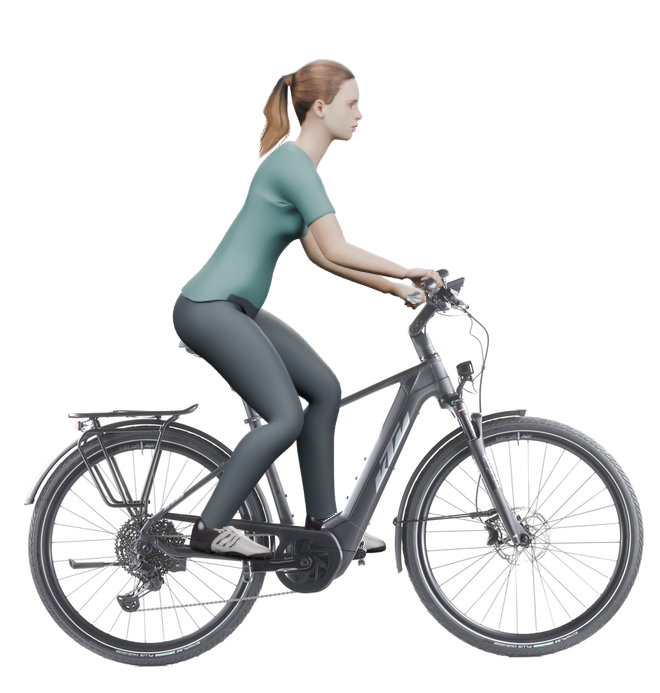Sitzbeispiel mit 3D-Person: aufrechtere Haltung auf einem KTM Macina Style 720 mit 46 cm Rahmen.