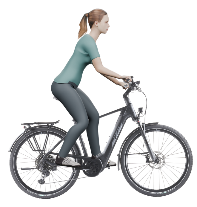 Sitzbeispiel mit 3D-Person: aufrechtere Haltung auf einem KTM Macina Style 720 mit 51 cm Rahmen.