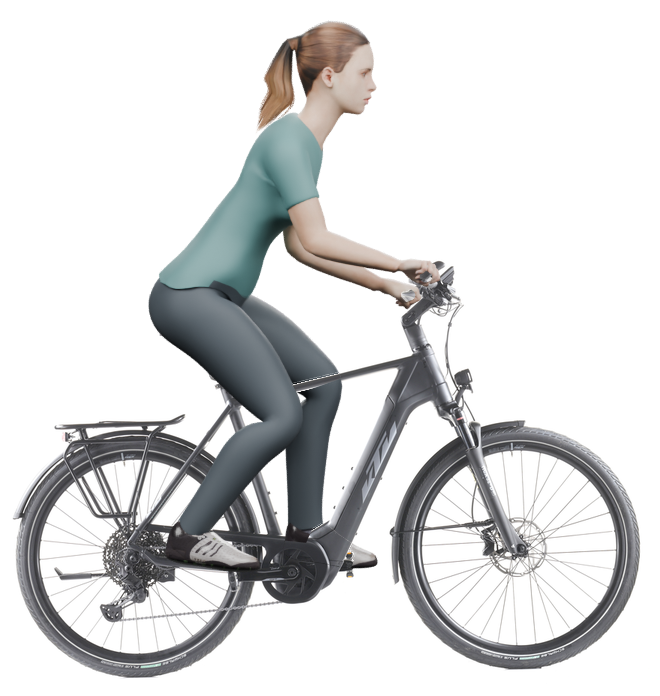 Sitzbeispiel mit derselben 3D-Person: leicht nach vorn geneigte Haltung auf demselben KTM Macina Style 720 mit 60 cm Rahmen.