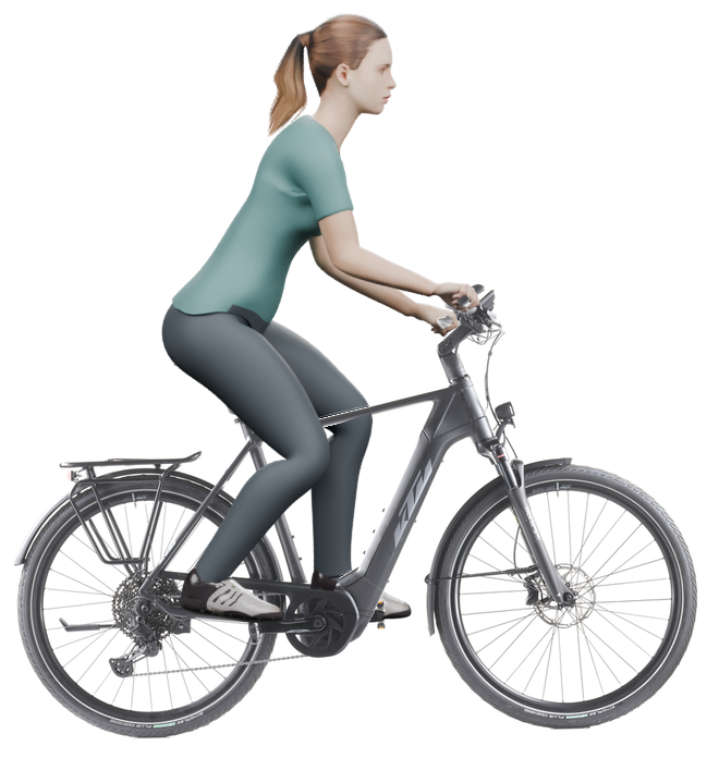 Sitzbeispiel mit 3D-Person: aufrechtere Haltung auf einem KTM Macina Style 720 mit 60 cm Rahmen.