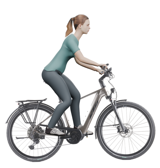 Sitzbeispiel mit derselben 3D-Person: leicht nach vorn geneigte Haltung auf demselben KTM Macina Style 720 mit 46 cm Rahmen.