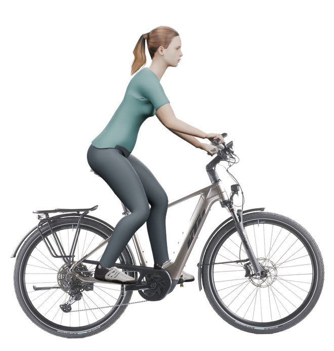 Sitzbeispiel mit 3D-Person: aufrechtere Haltung auf einem KTM Macina Style 720 mit 46 cm Rahmen.