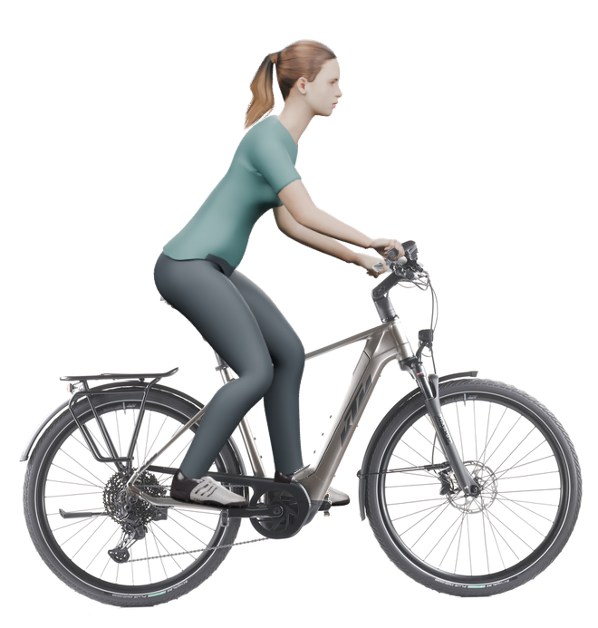 Sitzbeispiel mit derselben 3D-Person: leicht nach vorn geneigte Haltung auf demselben KTM Macina Style 720 mit 51 cm Rahmen.