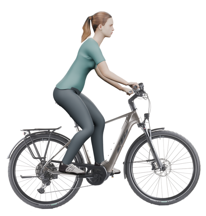 Sitzbeispiel mit 3D-Person: aufrechtere Haltung auf einem KTM Macina Style 720 mit 51 cm Rahmen.