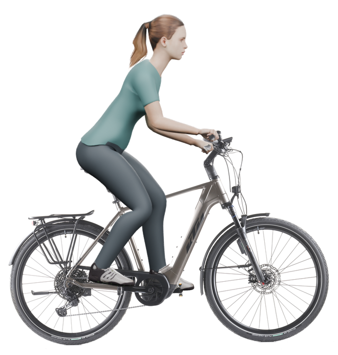 Sitzbeispiel mit derselben 3D-Person: leicht nach vorn geneigte Haltung auf demselben KTM Macina Style 720 ABS mit 56 cm Rahmen.