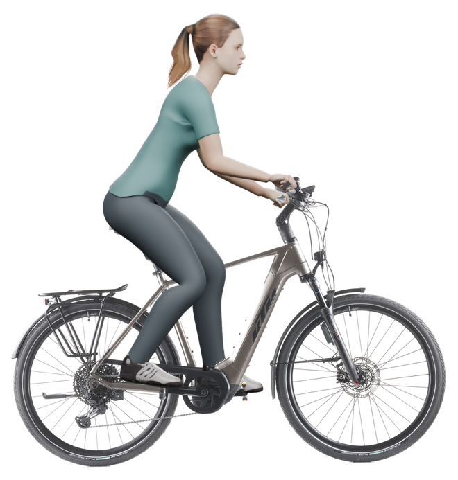 Sitzbeispiel mit 3D-Person: aufrechtere Haltung auf einem KTM Macina Style 720 ABS mit 56 cm Rahmen.