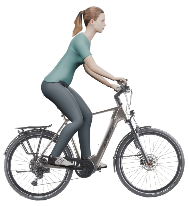 Sitzbeispiel mit derselben 3D-Person: leicht nach vorn geneigte Haltung auf demselben KTM Macina Style 720 ABS mit 60 cm Rahmen.