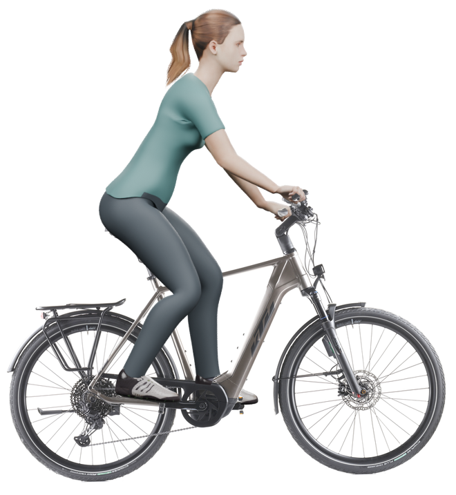 Sitzbeispiel mit 3D-Person: aufrechtere Haltung auf einem KTM Macina Style 720 ABS mit 60 cm Rahmen.