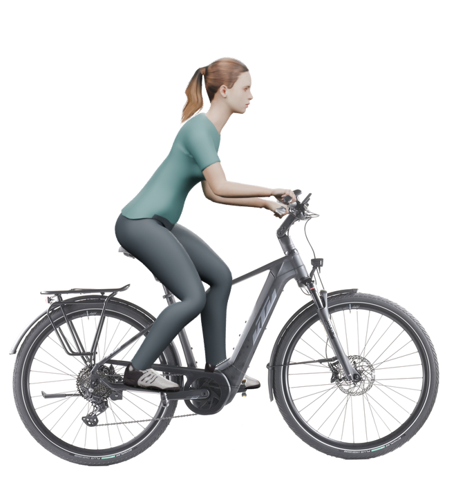 Sitzbeispiel mit derselben 3D-Person: leicht nach vorn geneigte Haltung auf demselben KTM Macina Style 730 mit 46 cm Rahmen.