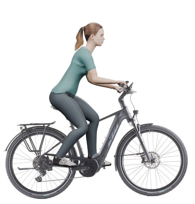 Sitzbeispiel mit 3D-Person: aufrechtere Haltung auf einem KTM Macina Style 730 mit 46 cm Rahmen.