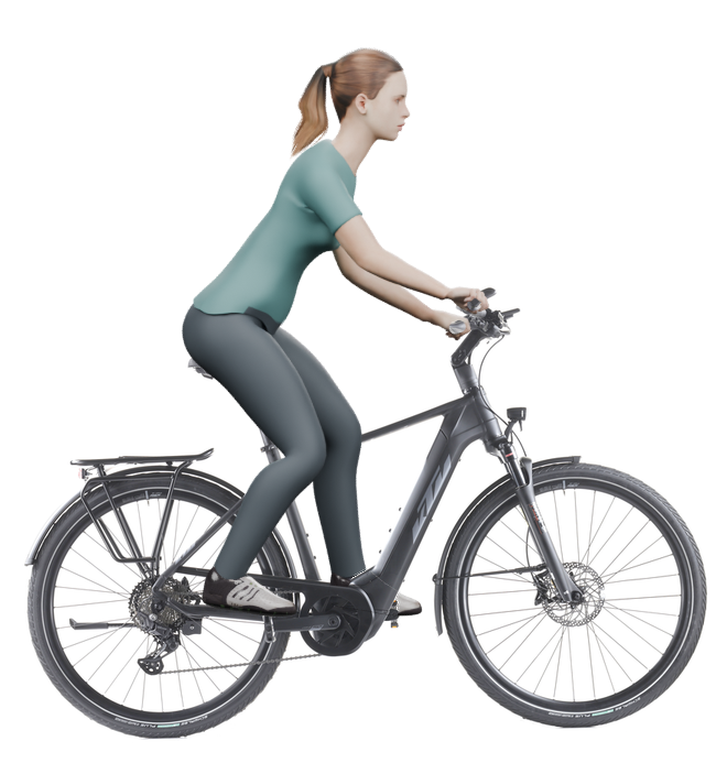 Sitzbeispiel mit derselben 3D-Person: leicht nach vorn geneigte Haltung auf demselben KTM Macina Style 730 mit 51 cm Rahmen.