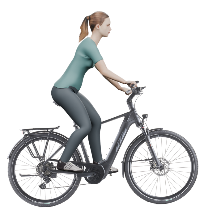 Sitzbeispiel mit 3D-Person: aufrechtere Haltung auf einem KTM Macina Style 730 mit 51 cm Rahmen.