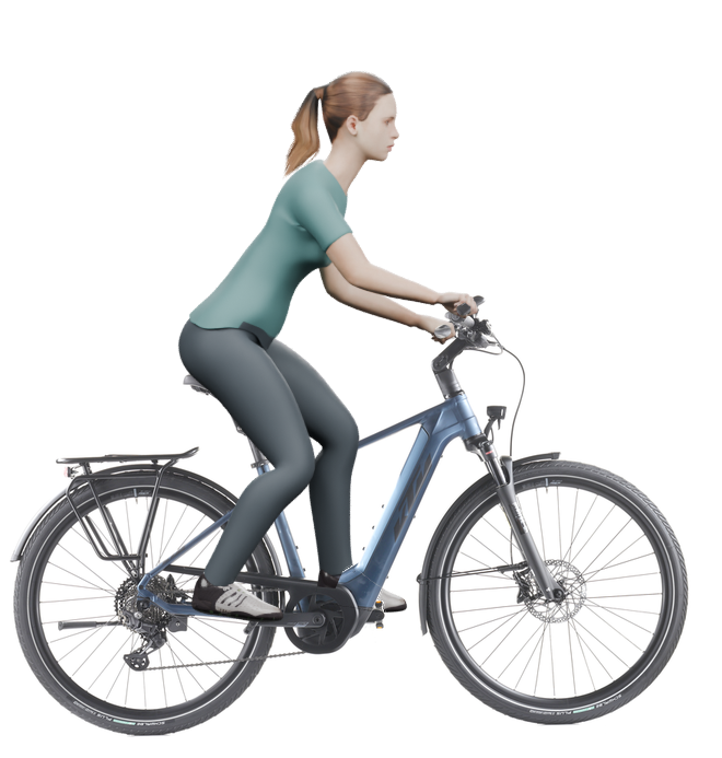 Sitzbeispiel mit derselben 3D-Person: leicht nach vorn geneigte Haltung auf demselben KTM Macina Style 730 mit 46 cm Rahmen.
