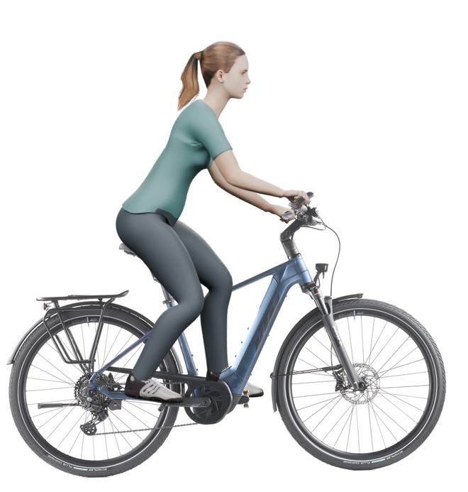 Sitzbeispiel mit 3D-Person: aufrechtere Haltung auf einem KTM Macina Style 730 mit 46 cm Rahmen.