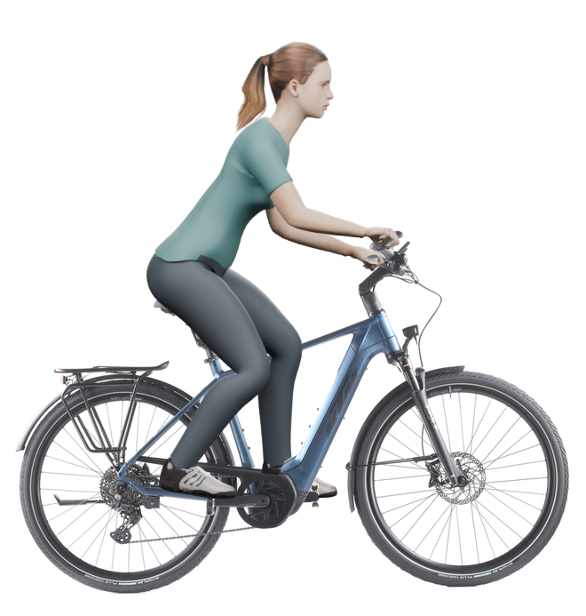 Sitzbeispiel mit derselben 3D-Person: leicht nach vorn geneigte Haltung auf demselben KTM Macina Style 730 mit 51 cm Rahmen.
