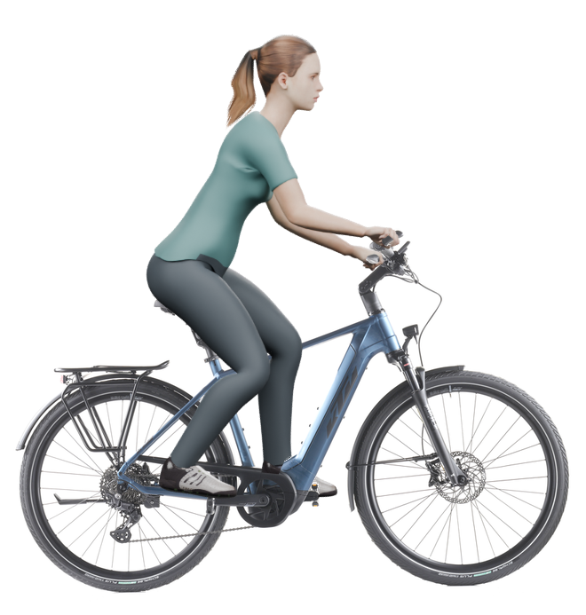 Sitzbeispiel mit 3D-Person: aufrechtere Haltung auf einem KTM Macina Style 730 mit 51 cm Rahmen.