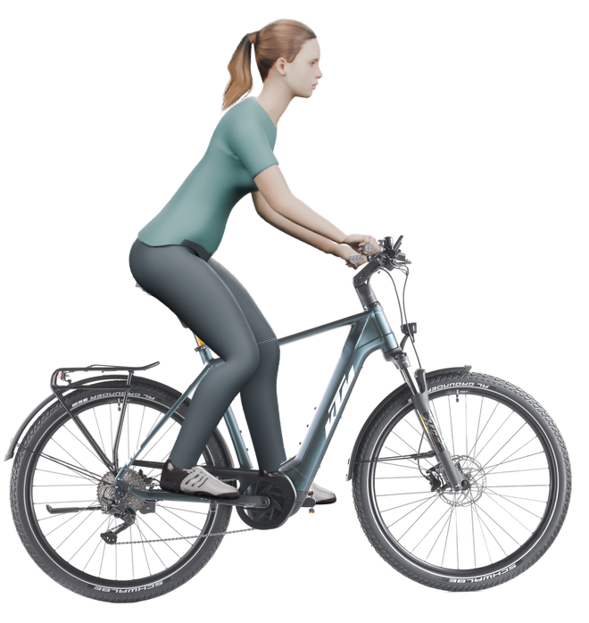 Sitzbeispiel mit derselben 3D-Person: leicht nach vorn geneigte Haltung auf demselben KTM Macina Gran 720 mit 56 cm Rahmen.