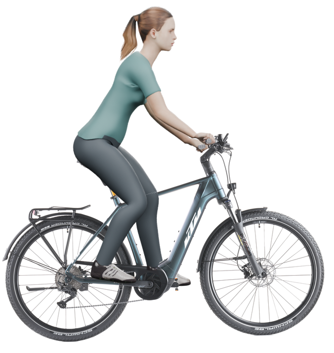 Sitzbeispiel mit 3D-Person: aufrechtere Haltung auf einem KTM Macina Gran 720 mit 56 cm Rahmen.