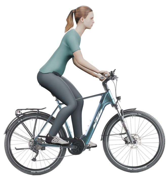 Sitzbeispiel mit derselben 3D-Person: leicht nach vorn geneigte Haltung auf demselben KTM Macina Gran 720 mit 60 cm Rahmen.