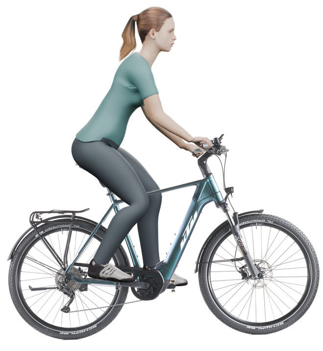 Sitzbeispiel mit 3D-Person: aufrechtere Haltung auf einem KTM Macina Gran 720 mit 60 cm Rahmen.