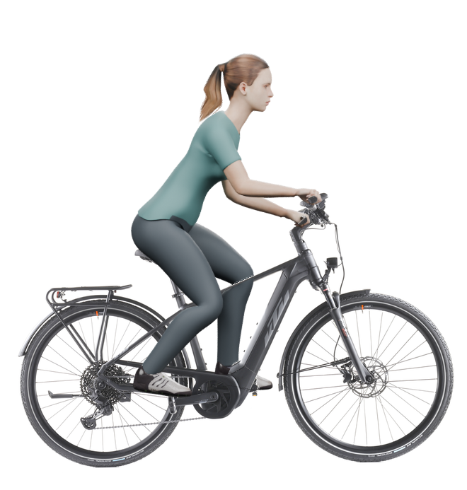 Sitzbeispiel mit derselben 3D-Person: leicht nach vorn geneigte Haltung auf demselben KTM Power Sport 11 Plus mit 46 cm Rahmen.