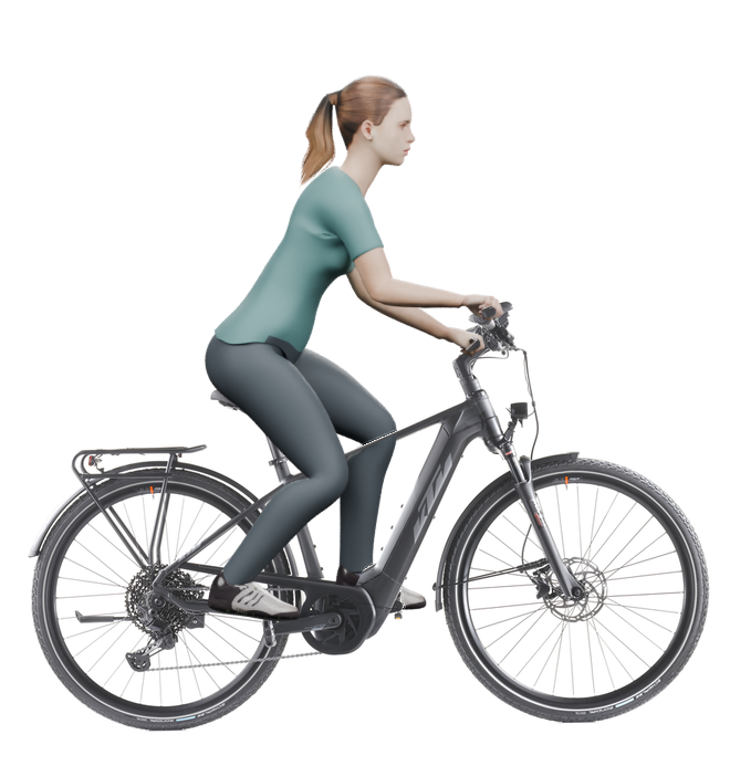 Sitzbeispiel mit 3D-Person: aufrechtere Haltung auf einem KTM Power Sport 11 Plus mit 46 cm Rahmen.