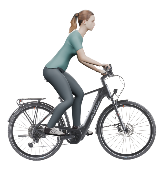 Sitzbeispiel mit derselben 3D-Person: leicht nach vorn geneigte Haltung auf demselben KTM Power Sport 11 Plus mit 51 cm Rahmen.