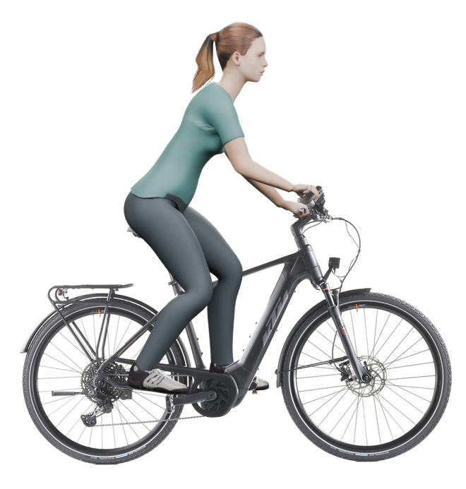 Sitzbeispiel mit 3D-Person: aufrechtere Haltung auf einem KTM Power Sport 11 Plus mit 51 cm Rahmen.