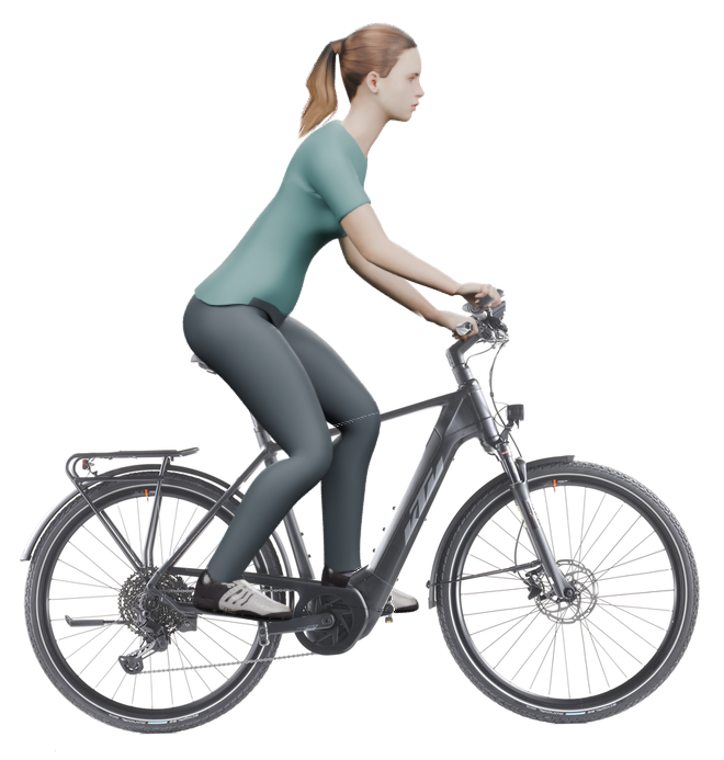 Sitzbeispiel mit derselben 3D-Person: leicht nach vorn geneigte Haltung auf demselben KTM Power Sport 11 Plus mit 56 cm Rahmen.