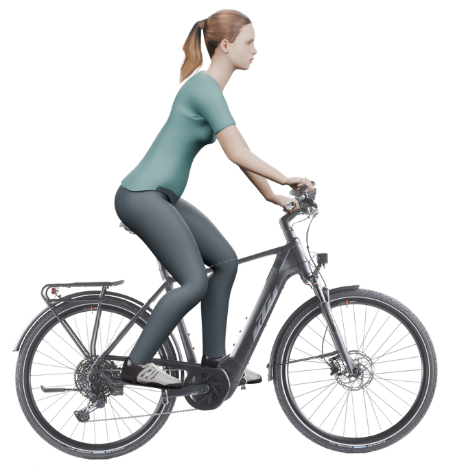 Sitzbeispiel mit 3D-Person: aufrechtere Haltung auf einem KTM Power Sport 11 Plus mit 56 cm Rahmen.