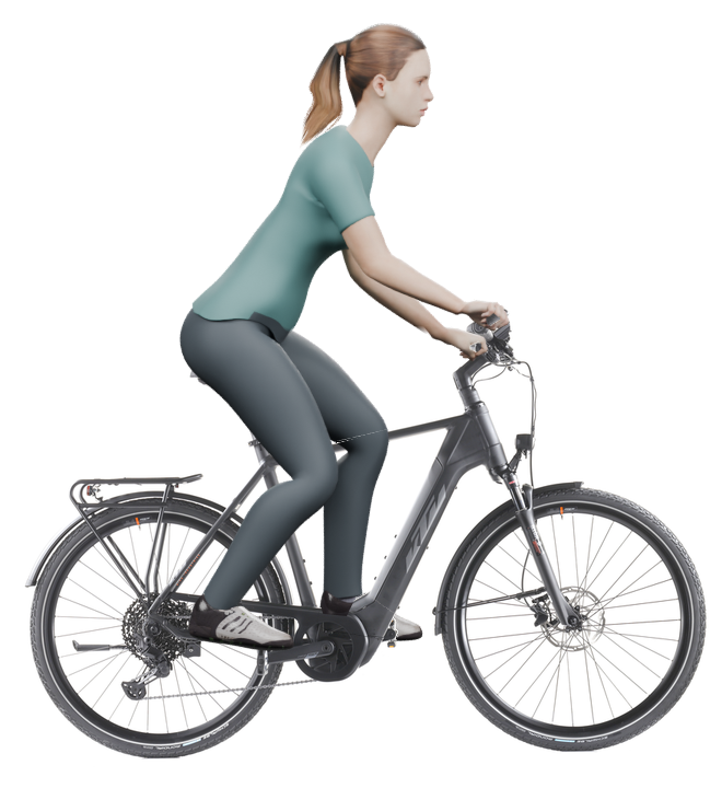 Sitzbeispiel mit derselben 3D-Person: leicht nach vorn geneigte Haltung auf demselben KTM Power Sport 11 Plus mit 60 cm Rahmen.