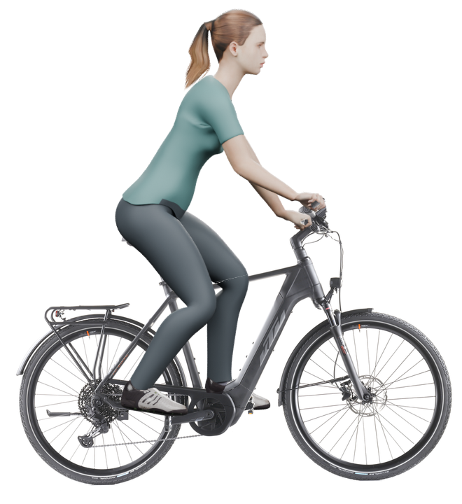 Sitzbeispiel mit 3D-Person: aufrechtere Haltung auf einem KTM Power Sport 11 Plus mit 60 cm Rahmen.