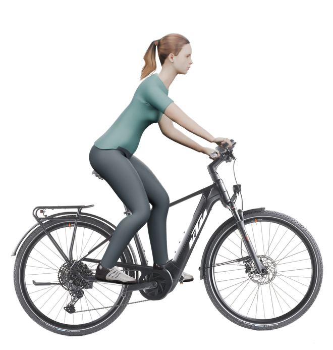 Sitzbeispiel mit derselben 3D-Person: leicht nach vorn geneigte Haltung auf demselben KTM Power Sport 10 mit 46 cm Rahmen.