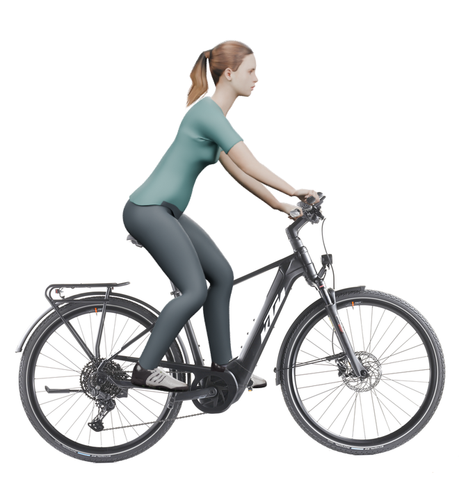 Sitzbeispiel mit 3D-Person: aufrechtere Haltung auf einem KTM Power Sport 10 mit 46 cm Rahmen.