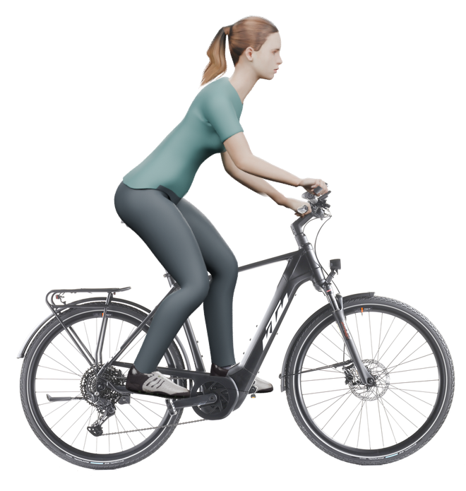 Sitzbeispiel mit derselben 3D-Person: leicht nach vorn geneigte Haltung auf demselben KTM Power Sport 10 mit 56 cm Rahmen.