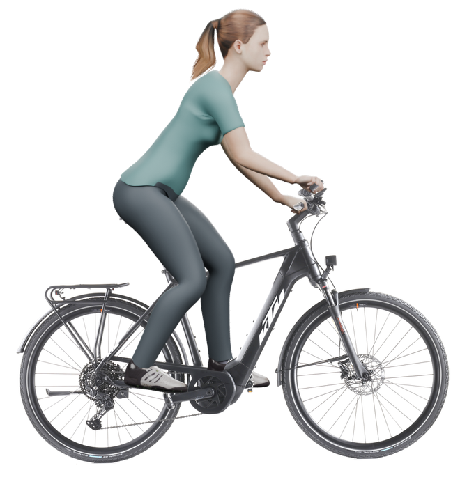 Sitzbeispiel mit 3D-Person: aufrechtere Haltung auf einem KTM Power Sport 10 mit 56 cm Rahmen.
