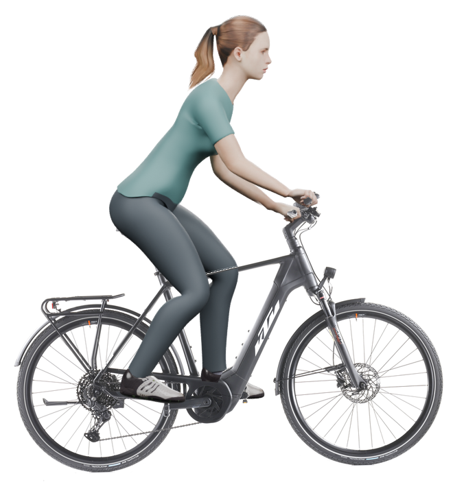 Sitzbeispiel mit derselben 3D-Person: leicht nach vorn geneigte Haltung auf demselben KTM Power Sport 10 mit 60 cm Rahmen.