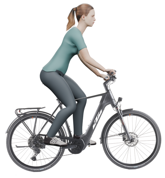 Sitzbeispiel mit 3D-Person: aufrechtere Haltung auf einem KTM Power Sport 10 mit 60 cm Rahmen.