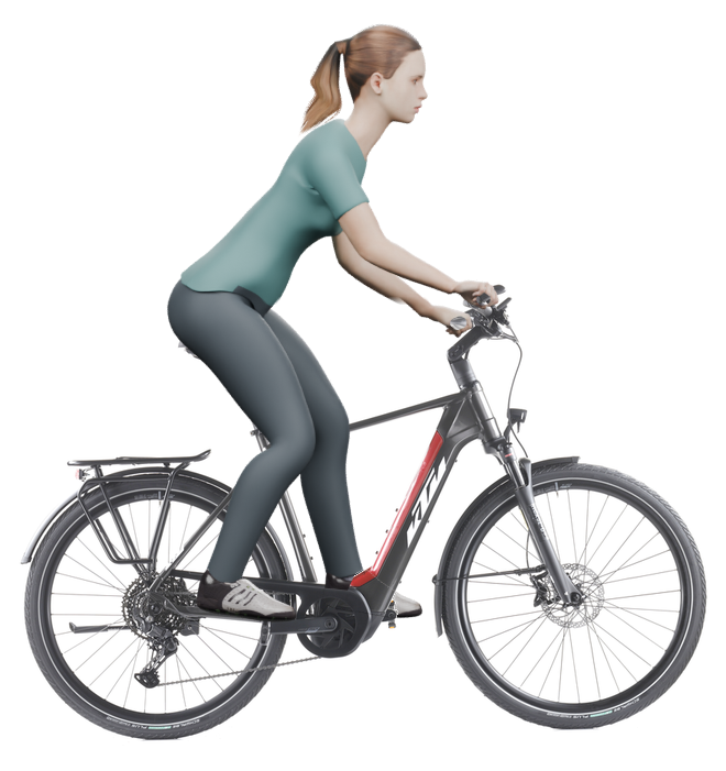 Sitzbeispiel mit derselben 3D-Person: leicht nach vorn geneigte Haltung auf demselben KTM Macina eTour Pro LTD mit 56 cm Rahmen.