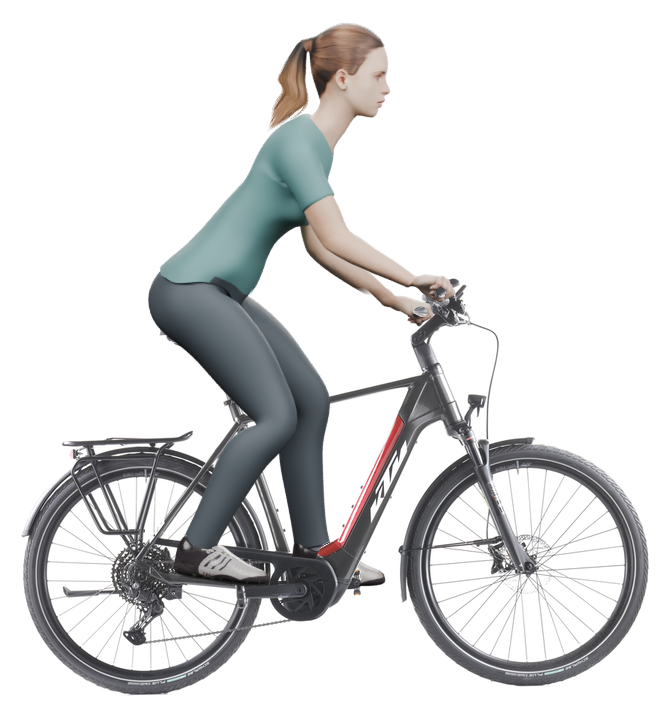 Sitzbeispiel mit derselben 3D-Person: leicht nach vorn geneigte Haltung auf demselben KTM Macina eTour Pro LTD mit 60 cm Rahmen.