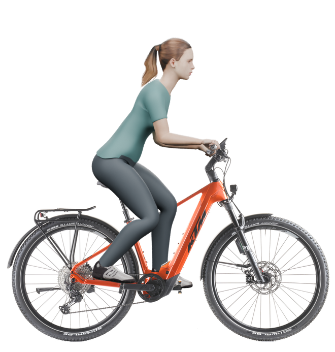 Sitzbeispiel mit derselben 3D-Person: leicht nach vorn geneigte Haltung auf demselben KTM Macina Team 892 LFC ABS mit 43 cm Rahmen.